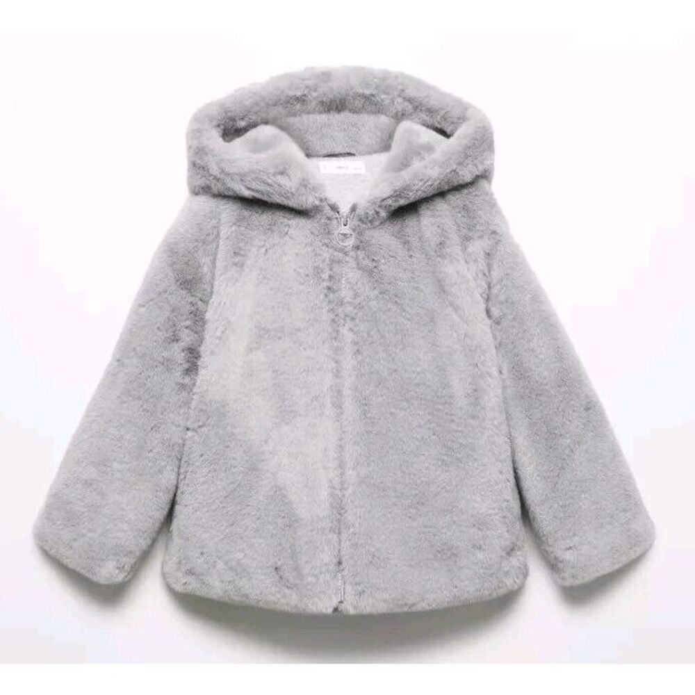 MANGO Youth Girls‎ Faux Fur Hooded Coat Size 9 (134cm) Gray EUC
